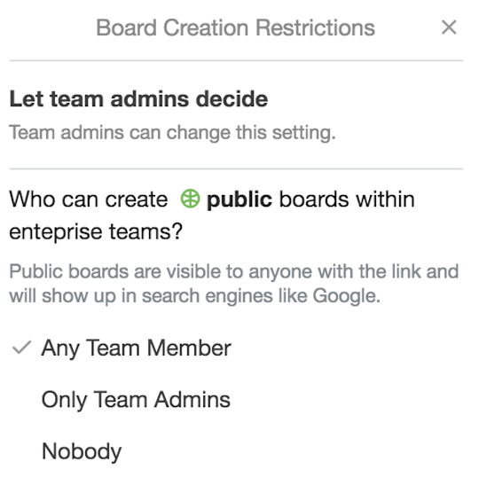 An image showing board creation restrictions for a Trello Workspace