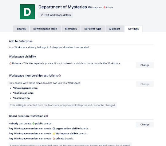 A view of a Settings screen for a Trello Workspace