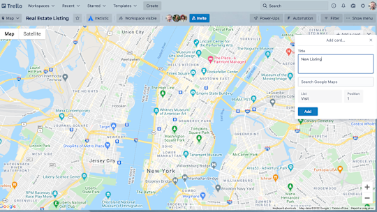 An image showing how to add a card on the Map view of a Trello board